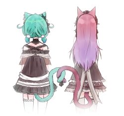 Rule 34 | 2girls, ahoge, animal ear fluff, animal ears, babydoll, black ribbon, cat ears, cat tail, collar, ear piercing, frilled collar, frilled hairband, frills, from behind, garter belt, gothic lolita, green hair, hair ornament, hairband, highres, hololive, hololive fantasy, indie virtual youtuber, lace, legband, lolita fashion, long hair, mikeneko (vtuber), mikeneko (vtuber) (1st costume), milk tea 1993, multicolored hair, multiple girls, piercing, pink hair, pom pom (clothes), pom pom hair ornament, purple hair, ribbon, short hair, simple background, tail, tails touching, thighhighs, twintails, uruha rushia, uruha rushia (3rd costume), virtual youtuber, voice actor connection