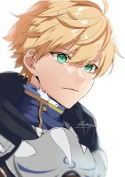 Rule 34 | 1boy, ahoge, armor, arthur pendragon (fate), blonde hair, breastplate, closed mouth, commentary request, fate/grand order, fate/prototype, fate (series), green eyes, hair between eyes, highres, hood, hood down, knight, looking away, male focus, short hair, solo, tsukky, twitter username, upper body, white background