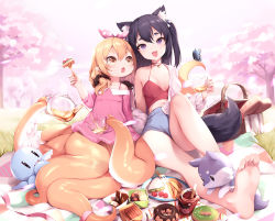 Rule 34 | 2girls, :d, :o, age difference, animal ears, animal hands, artist name, baguette, bare shoulders, barefoot, basket, black hair, blanket, blonde hair, blue ribbon, blue shorts, blush, box, bread, breasts, bug, butterfly, cameltoe, cherry blossoms, child, collarbone, cookie, couple, cup, day, denim, denim shorts, doughnut, dress, feet, food, fork, fox, fox ears, fox tail, full body, grass, hair ornament, hair over shoulder, hair ribbon, hair scrunchie, hanami, head tilt, holding, holding cup, holding fork, insect, knee up, kyuri tizu, long hair, long sleeves, looking at another, looking at viewer, low twintails, monster girl, multiple girls, octopus, off shoulder, one side up, onee-loli, open mouth, orange eyes, original, outdoors, picnic, pink dress, plate, pointy ears, polka dot, polka dot ribbon, purple eyes, ribbon, sandwich, scrunchie, scylla, short shorts, shorts, single bare shoulder, small breasts, smile, soles, spring onion, squid girl, syrene (kyuri tizu), tail, tareme, teacup, tentacles, toes, tree, twintails, yuri