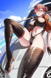 1girl black_gloves blue_sky blush boots breasts car cloud flag gloves grin heterochromia highleg highleg_panties highres holding holding_flag hololive houshou_marine large_breasts long_hair motor_vehicle navel on_car outdoors panties race_queen red_eyes red_hair remirii sky smile stomach thigh_boots thighhighs thighs twintails underwear virtual_youtuber yellow_eyes