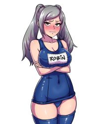 Rule 34 | 1girl, akairiot, blue one-piece swimsuit, blue thighhighs, blush, breasts, brown eyes, cleavage, covered navel, crossed arms, embarrassed, fire emblem, fire emblem awakening, grey hair, large breasts, long hair, looking at viewer, name tag, nintendo, one-piece swimsuit, robin (female) (fire emblem), robin (fire emblem), school swimsuit, solo, super smash bros., swimsuit, thighhighs, transparent background, twintails, wavy mouth