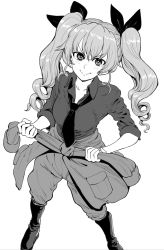 Rule 34 | 1girl, anchovy (girls und panzer), anzio military uniform, belt, bonkara (sokuseki maou), boots, closed mouth, clothes around waist, commentary, dress shirt, drill hair, full body, girls und panzer, greyscale, hair ribbon, highres, jacket, jacket around waist, knee boots, long hair, long sleeves, looking at viewer, loose necktie, military, military uniform, monochrome, necktie, ribbon, shirt, smile, solo, standing, twin drills, twintails, uniform, v-shaped eyebrows, wing collar