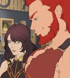 Rule 34 | 1boy, 1girl, bara, beard, black hair, blank stare, breast envy, facial hair, fate/grand order, fate (series), from side, full beard, gigi heart, girl staring at guys chest (meme), greco-roman clothes, half-closed eyes, hephaestion (fate), iskandar (fate), large pectorals, long hair, looking at another, looking at pectorals, looking down, meme, muscular, muscular male, pectoral cleavage, pectorals, photo-referenced, photo background, profile, red eyes, red hair, thick beard