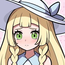 1girl ami_art blonde_hair blunt_bangs blush braid closed_mouth collared_dress commentary creatures_(company) dress english_commentary eyelashes game_freak green_eyes hat hat_ribbon highres lillie_(pokemon) long_hair nintendo pokemon pokemon_sm ribbon sad solo split_mouth sun_hat tearing_up twin_braids white_hat