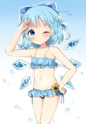 Rule 34 | 1girl, alternate costume, arm up, armpit crease, bad id, bad pixiv id, bikini, bikini skirt, blue background, blue bikini, blue bow, blue hair, blue sky, blush, bow, cirno, commentary request, cowboy shot, curled fingers, flat chest, flower, gradient background, hair bow, hand on own hip, hand to forehead, looking at viewer, lowleg, lowleg bikini, navel, one eye closed, poco (zdrq3), short hair, side-tie bikini bottom, sky, smile, solo, sunflower, swimsuit, touhou, water drop, wings