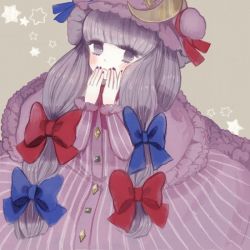 Rule 34 | 1girl, bad id, bad pixiv id, blush, bow, crescent, dress, female focus, hair bow, hat, long hair, patchouli knowledge, purple eyes, purple hair, ribbon, smile, solo, star (symbol), touhou, yujup