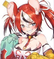 Rule 34 | 1girl, animal ears, bare shoulders, black gloves, blue eyes, blush, breasts, cleavage, closed mouth, eyes visible through hair, gloves, grin, hair ornament, hairclip, hakos baelz, highres, hololive, hololive english, looking at viewer, medium hair, necktie, red hair, sharp teeth, simple background, sleeves past wrists, smile, solo, standing, teeth, twintails, virtual youtuber, white background, yotsugi