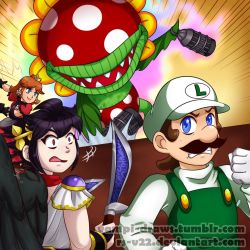 Rule 34 | 1girl, 2boys, angry, battle, black gloves, black hair, blue eyes, brown hair, cage, clenched hand, dark pit, dress, earrings, flower earrings, gloves, grin, hat, jewelry, kid icarus, kid icarus uprising, luigi, mario (series), multiple boys, nervous, nintendo, piranha plant, plant, princess daisy, red dress, red eyes, smile, super mario bros. 1, super mario land, super smash bros., sweat, sword, weapon, white headwear, wings