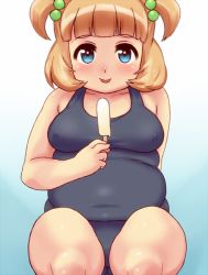 Rule 34 | 1girl, blue eyes, blush, breasts, covered erect nipples, fat, female focus, food, hasebe shikiri, large breasts, open mouth, plump, popsicle, shinken!!, short hair, smile, solo, twintails