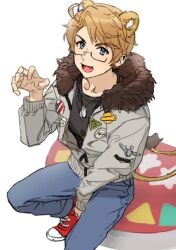 Rule 34 | 1boy, ahoge, america (hetalia), american flag, animal ears, axis powers hetalia, badge, blonde hair, blue eyes, button badge, coat, dog tags, fang, fur-trimmed coat, fur trim, glasses, grey jacket, jacket, kemonomimi mode, knee up, lion boy, lion ears, lion tail, looking at viewer, male focus, paw pose, red footwear, shoes, sitting, smile, sneakers, tail, to@st, white background
