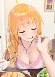 Rule 34 | 1girl, ahoge, blonde hair, blouse, blurry, blush, braid, breasts, camisole, cleavage, closed eyes, collarbone, depth of field, eating, egg (food), feeding, food, highres, holding, holding spoon, jewelry, large breasts, long hair, lunch (shin new), necklace, open clothes, open shirt, orange hair, pecorine (princess connect!), pecorine (real) (princess connect!), pink camisole, plate, princess connect!, shirt, side braid, smile, softboiled egg, solo focus, spoon, table, yellow shirt