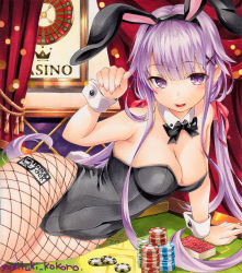 Rule 34 | 1girl, animal ears, artist name, bare shoulders, blush, bow, bowtie, breasts, card, casino card table, cleavage, curtains, detached collar, fake animal ears, fishnet pantyhose, fishnets, leotard, long hair, looking at viewer, low twintails, lying, marker (medium), medium breasts, on side, open mouth, original, pantyhose, playboy bunny, playing card, poker chip, purple eyes, purple hair, rabbit ears, roulette, smile, solo, table, traditional media, twintails, wide hips, wrist cuffs, yukitsuki kokoro