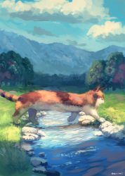 Rule 34 | animal, animal focus, bad id, bad pixiv id, blue sky, cat, cloud, cloudy sky, day, forest, from side, grass, manino (mofuritaionaka), mountain, nature, no humans, original, outdoors, river, rock, scenery, sky, walking, water