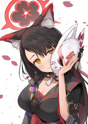 Rule 34 | 1girl, animal ear fluff, animal ears, black hair, blue archive, blunt bangs, blush, breasts, choker, cleavage, colored inner hair, commentary request, eyeshadow, fox ears, fox girl, fox mask, hair ornament, halo, head tilt, highres, holding, holding mask, japanese clothes, large breasts, long hair, looking at viewer, makeup, mask, multicolored hair, obi, parted bangs, ryh4, sash, school uniform, serafuku, smile, solo, two-tone hair, wakamo (blue archive), white background, wide sleeves, yellow eyes