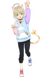 Rule 34 | 1boy, :o, ahoge, animal ears, asymmetrical footwear, black pants, blonde hair, blue footwear, cat boy, cat tail, child, commentary, converse, english commentary, fake animal ears, fake tail, fingerless gloves, full body, gloves, green eyes, highres, laphicet (tales), long sleeves, male focus, mismatched footwear, official alternate costume, official art, open mouth, pants, pink footwear, shoelaces, shoes, solo, tail, tales of (series), tales of asteria, tales of berseria, transparent background