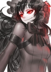 Rule 34 | 10s, 1girl, abyssal ship, bad id, bad pixiv id, black hair, bonnet, breasts, gothic lolita, isolated island oni, kantai collection, lolita fashion, long hair, pale skin, red eyes, ribbon, small breasts, solo, zakusi