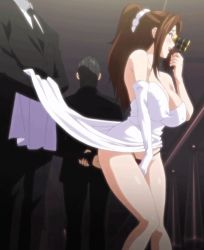 Rule 34 | 1girl, 2boys, animated, animated gif, bare shoulders, blush, breasts, brown hair, cleavage, clothes lift, elbow gloves, energy kyouka!!, houjou erina, gloves, huge breasts, long hair, masturbation, mature female, multiple boys, panties, skirt, skirt lift, smile, stitched, third-party edit, underwear