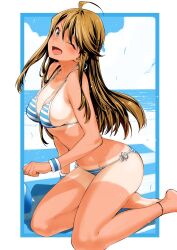 Rule 34 | 1girl, ahoge, ankle strap, armband, ball, bare shoulders, beach, beachball, bikini, bird, blue armband, blue bikini, blue eyes, blue sky, blush, border, breasts, brown hair, cleavage, clenched hand, collarbone, day, from side, goshiki suzu, horizon, idolmaster, idolmaster million live!, idolmaster million live! theater days, large breasts, light particles, long hair, looking at viewer, ocean, one eye closed, open mouth, outdoors, outside border, seagull, side-tie bikini bottom, sideboob, sitting, sky, smile, solo, striped bikini, striped clothes, swept bangs, swimsuit, tan, tanline, tokoro megumi, white border, yokozuwari