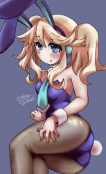 Rule 34 | absurdres, animal ears, armpits, bare shoulders, blonde hair, bodysuit, breasts, collar, cuffs, endlesstsubaki, fairy, highres, histoire, leggings, leotard, long hair, neptune (series), nervous, open mouth, playboy bunny, purple eyes, rabbit ears, rabbit tail, small breasts, tail, tome fairy, twintails