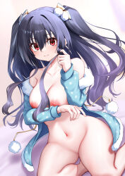 Rule 34 | 1girl, absurdres, alternate breast size, arm under breasts, barefoot, black hair, breasts, feet, hair ribbon, highres, large breasts, legs, long hair, looking at viewer, navel, neptune (series), nipples, open clothes, pajamas, red eyes, ribbon, sitting, smile, solo, thighs, twintails, uni (neptunia)