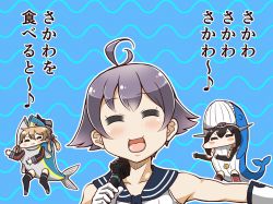 Rule 34 | 10s, 3girls, :3, ahoge, anchor hair ornament, animal costume, black hair, blonde hair, blush, blush stickers, closed eyes, gen 3 pokemon, gloves, hair ornament, hairband, hat, kantai collection, long hair, low twintails, microphone, multiple girls, nagato (kancolle), pokemon, pokemon (creature), prinz eugen (kancolle), purple hair, sakawa (kancolle), short hair, tanaka kusao, thighhighs, tongue, translation request, twintails, wailord