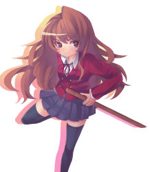 Rule 34 | 00s, 1girl, aisaka taiga, bad id, bad pixiv id, bokken, brown eyes, brown hair, colored eyelashes, eyelashes, frown, hitoto, long hair, school uniform, solo, standing, standing on one leg, sword, thighhighs, toradora!, weapon, wooden sword