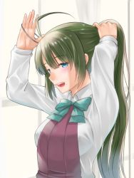 Rule 34 | 10s, 1girl, adjusting hair, ahoge, alternate hairstyle, arms up, blue eyes, blush, bow, bowtie, breasts, dress, green hair, higeno shinshi, kantai collection, large breasts, long hair, long sleeves, looking at viewer, mole, mole under mouth, open mouth, ponytail, school uniform, shirt, sleeveless, sleeveless dress, solo, teeth, tying hair, very long hair, white shirt, yuugumo (kancolle)