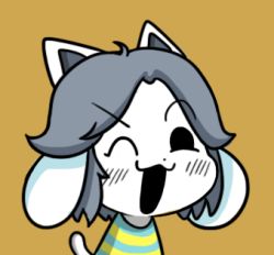 Rule 34 | &gt;:3, :3, bad id, bad pixiv id, black eyes, blush, brown background, chibi, extra ears, grey hair, gyate gyate, lowres, monster, one eye closed, open mouth, portrait, shirt, simple background, solo, striped clothes, striped shirt, tail, temmie, undertale, upper body, v-shaped eyebrows, yaruky
