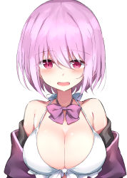 Rule 34 | 1girl, :d, bare shoulders, bikini, blush, bow, bowtie, breasts, cleavage, gridman universe, halterneck, highres, ichi-jirushi, jacket, large breasts, light purple hair, looking at viewer, off shoulder, open clothes, open jacket, open mouth, pink eyes, purple bow, purple bowtie, purple jacket, shinjou akane, short hair, simple background, smile, solo, ssss.gridman, swimsuit, upper body, white background, white bikini