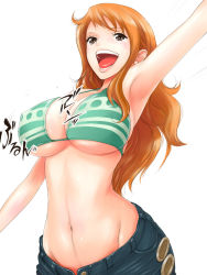 Rule 34 | 1girl, armpits, bikini, bikini top only, blush, bouncing breasts, breasts, brown eyes, cleavage, covered erect nipples, earrings, jewelry, large breasts, long hair, nami (one piece), navel, one piece, open mouth, orange hair, sabaody archipelago, sideboob, simple background, solo, suzu-batsu, swimsuit, tears, unbuttoned, underboob