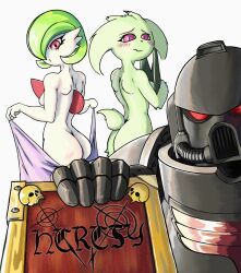 Rule 34 | absurdres, adeptus astartes, animal hands, animal nose, armor, black armor, black templars, bob cut, body fur, book, clothed pokemon, colored skin, creatures (company), furry, furry female, game freak, gardevoir, gen 3 pokemon, green fur, green skin, hair over one eye, helmet, heresy, highres, imperium of man, looking at viewer, meowscarada, multicolored skin, nintendo, noconcession, one eye covered, pokemon, pokemon (creature), power armor, purple eyes, red eyes, short tail, simple background, tail, two-tone fur, two-tone skin, warhammer 40k, white background, white skin, writing