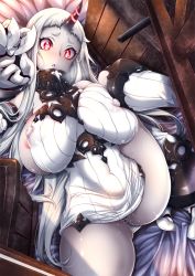 Rule 34 | 10s, 1girl, :o, abyssal ship, areola slip, black panties, blush, breast press, breasts, breath, bursting breasts, covered erect nipples, dress, eyebrows, glowing, glowing eyes, horns, huge breasts, impossible clothes, kantai collection, leg lift, legs, long hair, neyonsan, pale skin, panties, plump, pussy juice, red eyes, ribbed dress, ribbed sweater, seaport princess, short dress, silver hair, single horn, solo, sweater, sweater dress, thick thighs, thighs, underwear