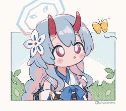 Rule 34 | 1girl, :o, animal, blue archive, blue bow, blue hair, blush stickers, bow, braid, bug, butterfly, chise (blue archive), eyebrows hidden by hair, flower, hair flower, hair ornament, halo, highres, horns, insect, japanese clothes, kimono, koru koruno, obi, parted lips, pink hair, red eyes, sailor collar, sash, shirt, sleeveless, sleeveless shirt, solo, twin braids, twitter username, upper body, white flower, white kimono, white sailor collar, white shirt