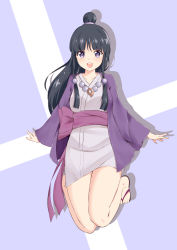 Rule 34 | 1girl, absurdres, ace attorney, bantian yindang, black hair, hair ornament, half updo, highres, japanese clothes, jewelry, kimono, long hair, looking at viewer, magatama, maya fey, necklace, open mouth, purple eyes, smile, solo