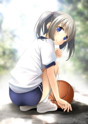 Rule 34 | 1girl, ass, ball, basketball, basketball (object), blouse, blue buruma, blue eyes, blurry, blurry background, buruma, closed mouth, commentary request, day, depth of field, from behind, full body, grey hair, gym shirt, gym uniform, highres, kneehighs, looking at viewer, looking back, original, outdoors, puffy short sleeves, puffy sleeves, shibacha, shirt, shoes, short sleeves, smile, socks, solo, squatting, twintails, white footwear, white shirt, white socks