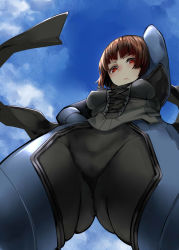 Rule 34 | 10s, 1girl, arm behind head, arm up, ass, biker clothes, black neckwear, blue sky, bodysuit, brown hair, closed mouth, corset, cowboy shot, crotch, day, expressionless, foreshortening, from below, gluteal fold, highres, long sleeves, looking at viewer, looking down, nemu (nebusokugimi), niijima makoto, outdoors, persona, persona 5, red eyes, scarf, short hair, sky, solo, standing, upper body