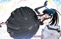 Rule 34 | 10s, 1girl, :d, bare shoulders, black dress, black gloves, black hair, bow, copyright name, corpse, dress, elbow gloves, flower, gloves, hair flower, hair ornament, hair ribbon, hattori mitsuru, highres, hydrangea, long hair, looking at viewer, official art, open mouth, ponytail, red eyes, ribbon, sanka rea, sankarea, shoes, smile, solo, umbrella, water drop, zombie