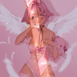 Rule 34 | 1girl, artist name, breasts, cleavage, cowboy shot, feathers, hands up, highres, holding, holding stuffed toy, horns, kohai hime, leotard, nail polish, ok sign, ok sign over eye, original, pink hair, pink horns, pink leotard, pink nails, shadow, short hair, solo, strap slip, stuffed animal, stuffed toy, thighhighs, white feathers, white wings, wings