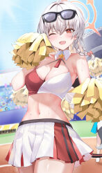 Rule 34 | 1girl, alternate costume, bare shoulders, blue archive, blurry, blurry background, blush, braid, breasts, cheerleader, cleavage, collar, commentary request, crop top, day, detached collar, eyewear on head, grey hair, hair between eyes, halo, haruna (blue archive), highres, holding, holding pom poms, long hair, looking at viewer, medium breasts, millennium cheerleader outfit (blue archive), miniskirt, navel, one eye closed, open mouth, orange eyes, outdoors, pleated skirt, pom pom (cheerleading), pom poms, red skirt, skirt, smile, stomach, sweat, towrituka, twitter username, two-tone skirt, white collar, white skirt
