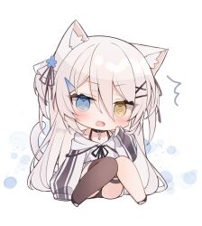 1girl @_@ animal_ear_fluff animal_ears belt_collar black_bra black_panties black_ribbon blue_eyes blush bra brown_thighhighs cardigan cat_ears chibi chibi_only collar embarrassed hair_between_eyes hair_ornament hair_ribbon heart_collar heterochromia knees_together_feet_apart long_hair long_sleeves looking_at_viewer neck_ribbon open_mouth original panties ribbon ringouulu simple_background single_thighhigh sitting solo thighhighs underwear very_long_hair white_background white_cardigan x_hair_ornament yellow_eyes