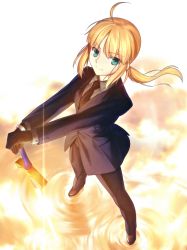 Rule 34 | 1girl, ahoge, aqua eyes, artoria pendragon (all), artoria pendragon (fate), black gloves, blonde hair, excalibur (fate/stay night), fate/zero, fate (series), formal, gloves, glowing, glowing sword, glowing weapon, green eyes, highres, long hair, necktie, non-web source, pant suit, pants, perspective, planted, planted sword, planted weapon, ponytail, saber (fate), smile, solo, suit, sword, takeuchi takashi, weapon