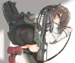 Rule 34 | 1girl, bike shorts, black shorts, black thighhighs, bow (weapon), brown eyes, brown hair, commentary request, cowboy shot, crossbow, from behind, green skirt, headband, headgear, kantai collection, kasashi (kasasi008), leaning forward, looking at viewer, looking back, machinery, panties under bike shorts, pantylines, pleated skirt, shorts, skirt, solo, taihou (kancolle), thighhighs, weapon
