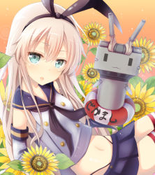 Rule 34 | 10s, 1girl, :3, bad id, bad pixiv id, blonde hair, blue eyes, cyanomirahi, elbow gloves, flower, gloves, hair ribbon, innertube, kantai collection, long hair, looking at viewer, machinery, midriff, navel, open mouth, panties, rensouhou-chan, ribbon, shimakaze (kancolle), solo, striped clothes, striped thighhighs, sunflower, swim ring, thighhighs, turret, underwear
