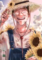 Rule 34 | 1boy, brown hair, closed eyes, day, denim, dirty, dirty clothes, dirty face, dirty hands, fence, flower, hand up, hat, hat flower, highres, holding, holding flower, male focus, monster (manga), outdoors, overalls, shirt, short hair, smile, solo, straw hat, sun hat, sunflower, sweat, white shirt, wolfgang grimmer, yyi (monsterlogs)