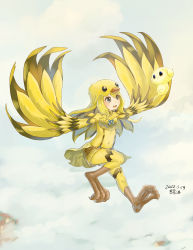 Rule 34 | 1girl, absurdres, bird legs, bird wings, blonde hair, blue eyes, chinese commentary, closed mouth, cloud, dated, duel monster, full body, guanchuan zhi jiao, harpy, highres, knee up, looking at another, monster girl, navel, open mouth, outdoors, shorts, signature, sky, smile, solo, suspender shorts, suspenders, teeth, upper teeth only, winged arms, wings, yu-gi-oh!, yu-gi-oh! arc-v