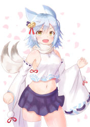 Rule 34 | 1girl, :d, animal ears, azur lane, bare shoulders, bell, blue hair, blue skirt, blush, breasts, cocoasabure, cowboy shot, crop top, crop top overhang, detached sleeves, fang, fubuki (azur lane), hair ornament, highres, jingle bell, long sleeves, looking at viewer, medium breasts, midriff, miniskirt, navel, open mouth, petals, pleated skirt, scarf, short hair, single thighhigh, skirt, smile, solo, standing, stomach, thighhighs, white background, white thighhighs, wide sleeves, yellow eyes, zettai ryouiki