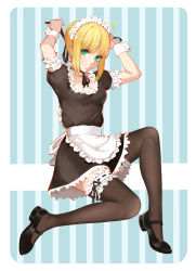 Rule 34 | 1girl, absurdres, ahoge, apron, arm garter, artoria pendragon (all), artoria pendragon (fate), bad id, bad pixiv id, black dress, black footwear, black ribbon, black thighhighs, blonde hair, blush, closed mouth, dress, eyebrows, fate/stay night, fate (series), frilled thighhighs, frills, full body, green eyes, hair ribbon, highres, holding, long hair, looking at viewer, maid headdress, mary janes, official alternate costume, puffy short sleeves, puffy sleeves, revision, ribbon, saber (fate), shoes, short sleeves, smile, solo, thighhighs, tying, waist apron, white apron, wrist cuffs, zettai ryouiki, zhano kun