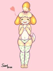 Rule 34 | 1girl, animal crossing, animal ears, animal hands, artist name, bell, blonde hair, blush stickers, bow, bow panties, breasts, buck teeth, closed eyes, collarbone, covering breasts, covering privates, dog ears, dog girl, dog tail, female focus, full body, furry, furry female, green panties, green thighhighs, hair bell, hair ornament, hair tie, hands on own chest, hands up, happy, heart, highres, isabelle (animal crossing), jingle bell, jpeg artifacts, legs together, navel, nervous, nintendo, open mouth, panties, paw print, paw print pattern, pink background, short hair, signature, simple background, small breasts, smile, solo, standing, suenbroe, sweat, tail, teeth, thighhighs, toeless legwear, topknot, topless, underwear, underwear only