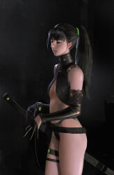 Rule 34 | 1girl, absurdres, bangku an, bare shoulders, belt, black background, black gloves, black hair, black panties, blunt bangs, breasts, cleavage cutout, closed mouth, clothing cutout, commentary, cowboy shot, crop top, cyberpunk, detached sleeves, english commentary, eyelashes, from side, gloves, glowing, highres, lips, long hair, looking ahead, original, panties, pink lips, ponytail, putting on gloves, revealing clothes, sad, small breasts, solo, sword, thigh belt, thigh strap, underwear, weapon