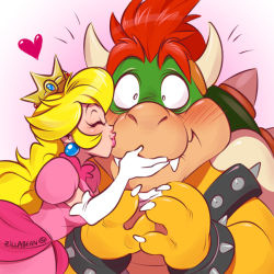 Rule 34 | 1boy, 1girl, armlet, artist name, blonde hair, blush, bowser, bracelet, claws, constricted pupils, crown, dress, earrings, elbow gloves, embarrassed, eyebrows, eyelashes, closed eyes, fangs, food, from side, fruit, gloves, green shell (mario), hands up, happy, heart, horns, jewelry, kiss, kissing cheek, leaning forward, lips, long hair, looking at viewer, mario (series), nintendo, nose, nostrils, notice lines, outstretched arms, peach, pink dress, pink lips, princess peach, puffy short sleeves, puffy sleeves, red hair, shell, short sleeves, spiked armlet, spiked bracelet, spiked shell, spikes, super mario bros. 1, thick eyebrows, twitter username, white gloves, zillabean